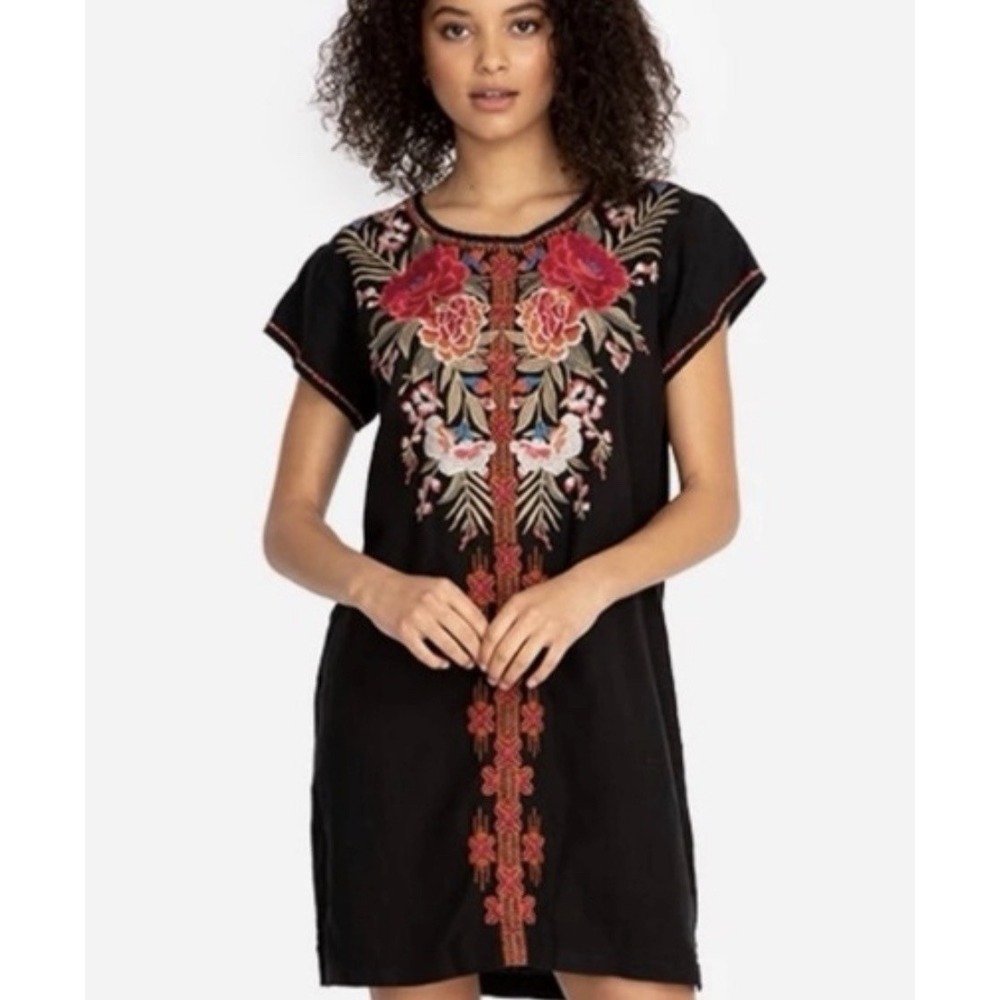 NEW Johnny Was Burke Tunic Dress Embroidered Black Floral 100% Linen Boho Size M
